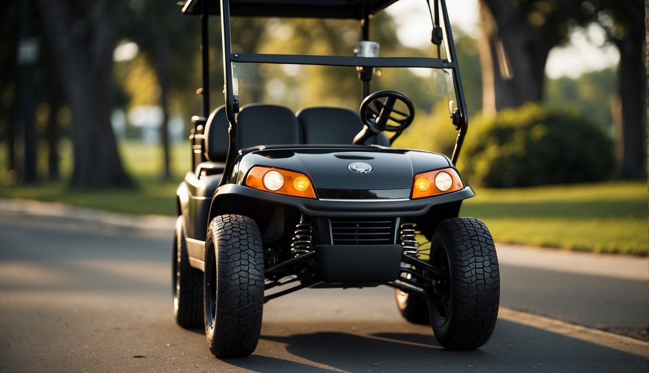 Golf cart batteries emit odor during charging. Show a battery emitting fumes with a charging cable connected. Display a puzzled onlooker nearby