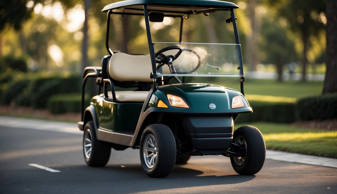 A golf cart battery emits a strong smell while charging, with caution signs and safety equipment nearby