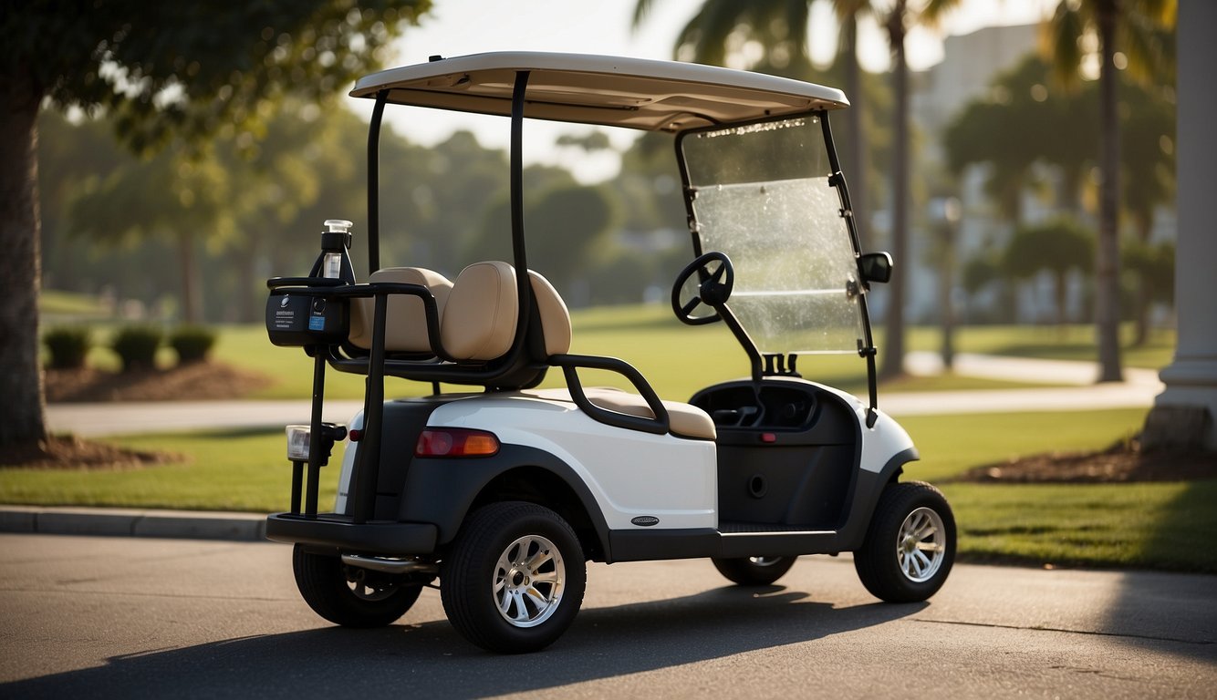 Golf cart batteries emit a strong odor while charging. The scene shows a golf cart plugged into a charging station with visible fumes emanating from the battery compartment