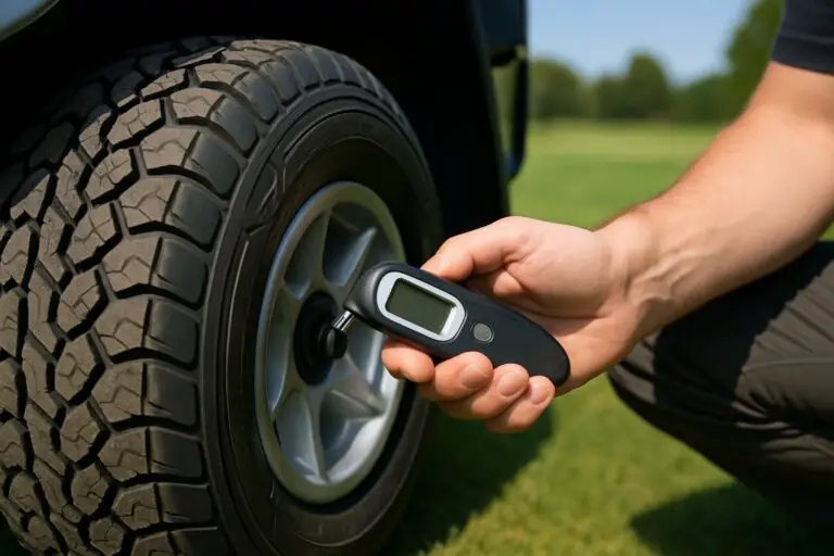 A person checking the tire pressure of a golf cart tire outdoors on a golf course.