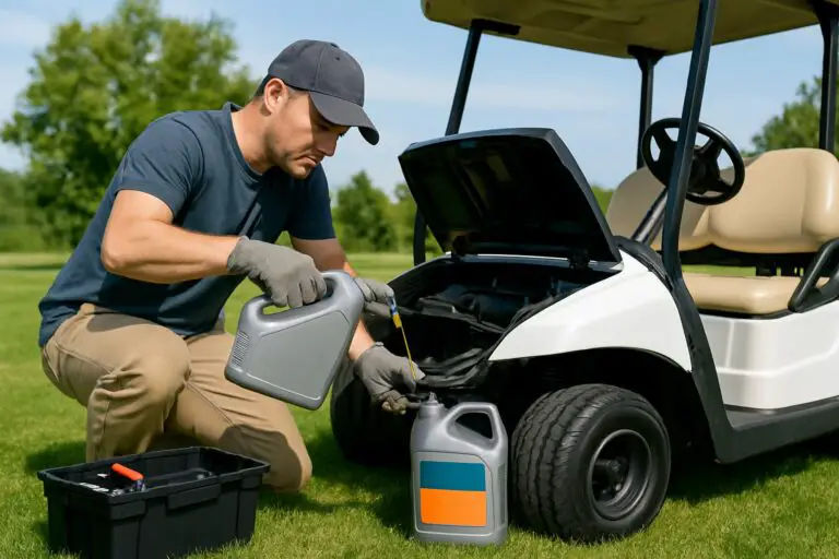 A person pouring synthetic oil into a golf cart engine outdoors on a sunny day.
