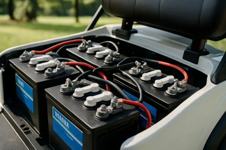 Close-up of a golf cart battery compartment with marine batteries installed, outdoors on a sunny day.