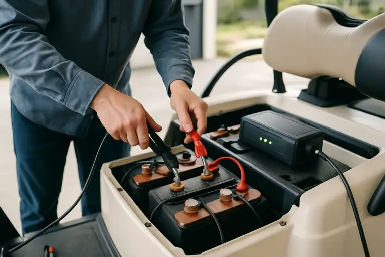 A person connecting cables to golf cart batteries inside an open compartment to charge them.