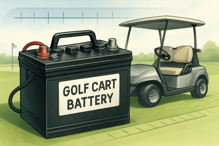 A golf cart battery next to a golf cart on a golf course with a timeline graphic in the background showing years passing.