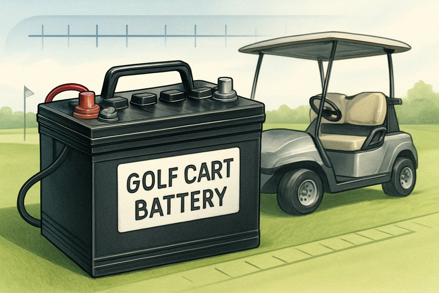 A golf cart battery next to a golf cart on a golf course with a timeline graphic in the background showing years passing.
