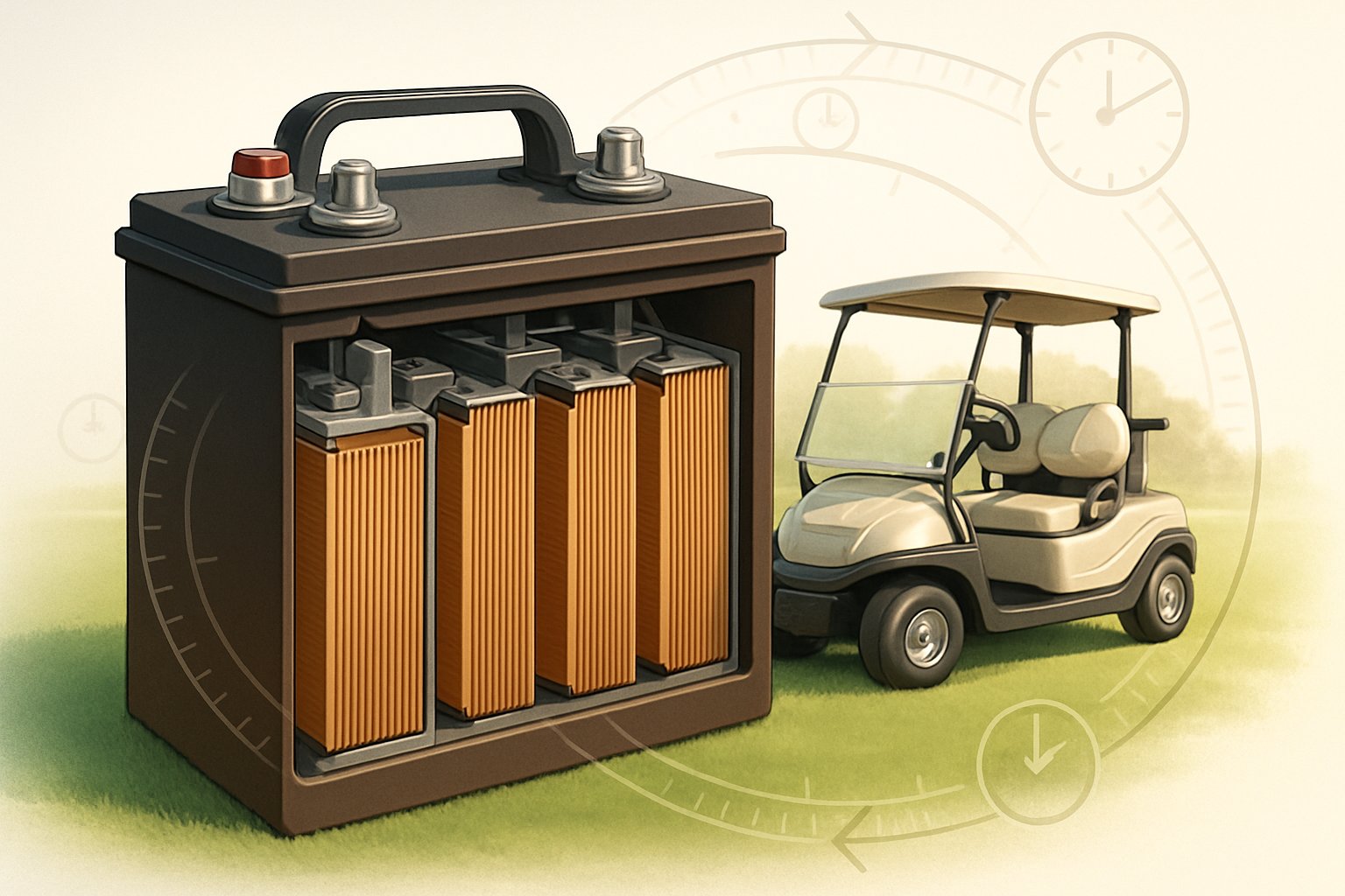 A golf cart battery with internal components visible, displayed next to a golf cart on a green golf course, with subtle time-related graphics around the battery.
