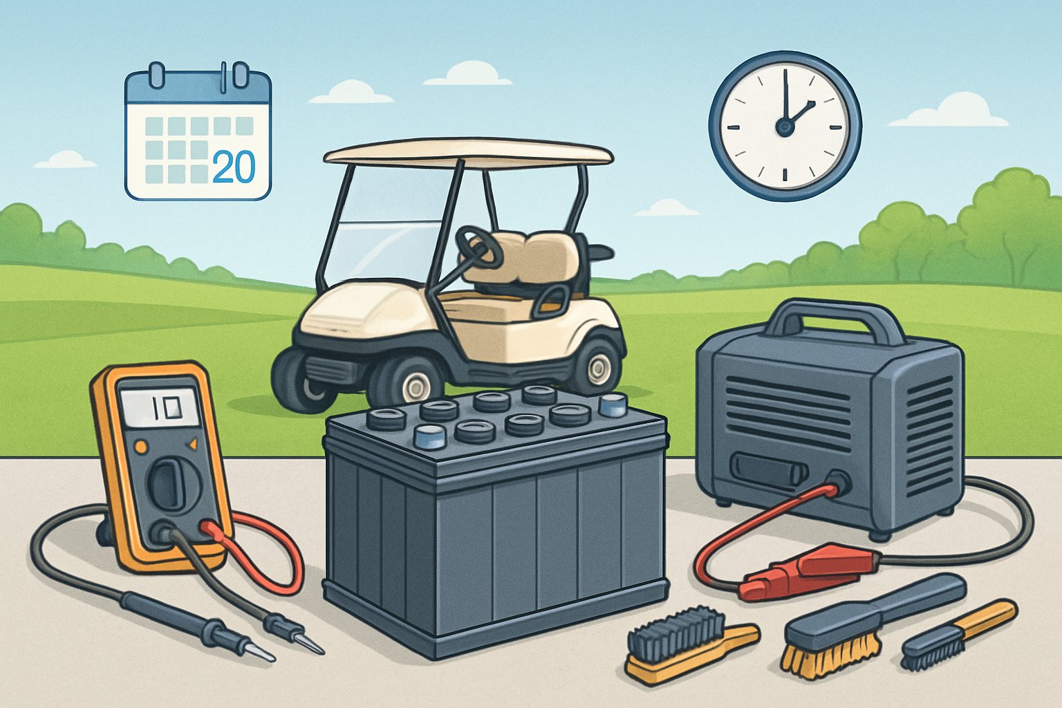 A golf cart battery on a workbench with tools around it and a golf cart parked on a green golf course in the background.