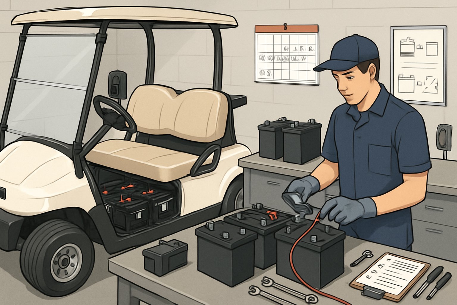 A technician inspects golf cart batteries inside an open compartment in a garage, with replacement batteries and tools on a workbench nearby.