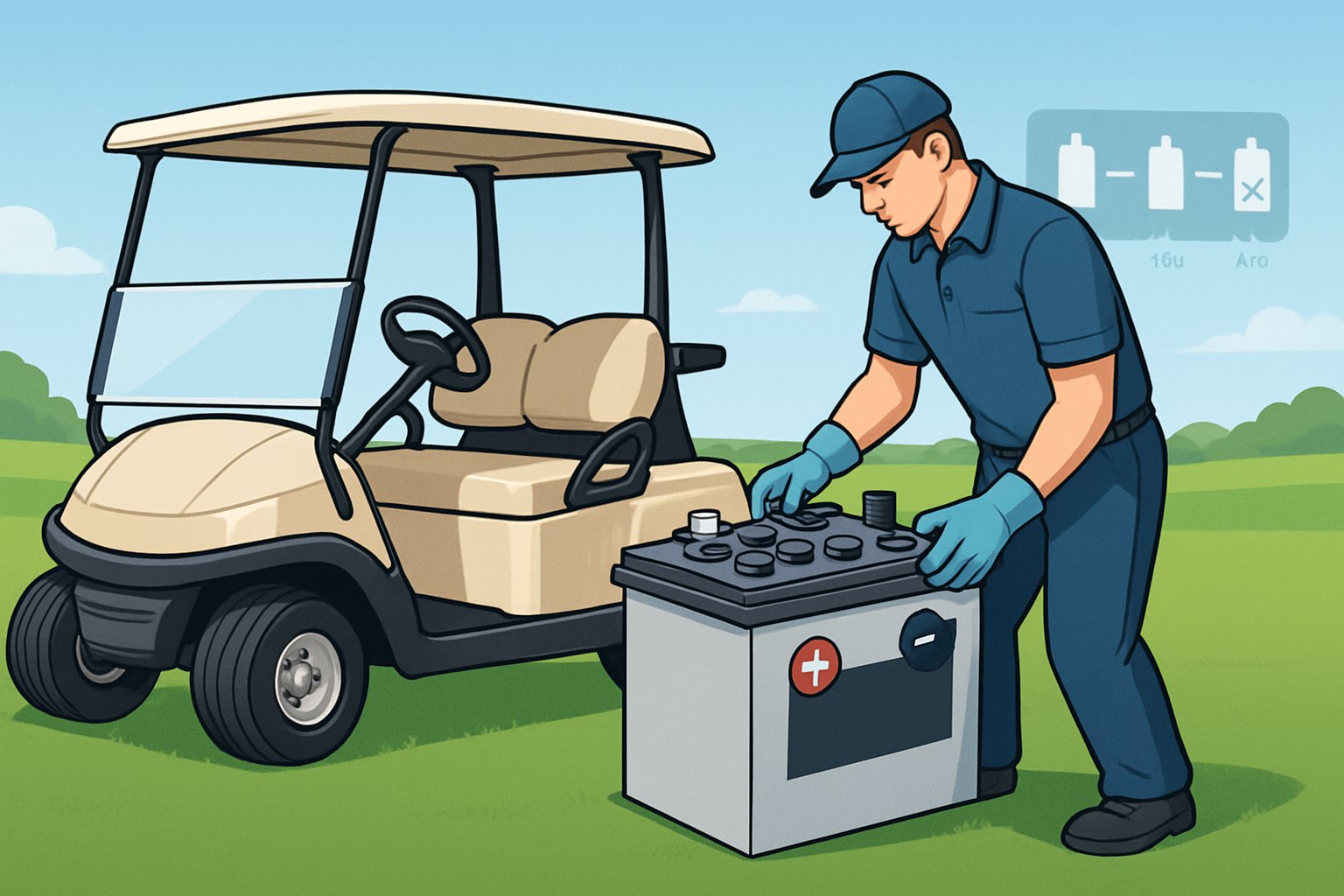 A technician inspecting a golf cart battery next to a golf cart on a golf course.