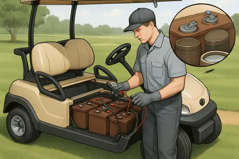 A golf cart with its battery compartment open and a technician inspecting the batteries with a multimeter on a golf course.