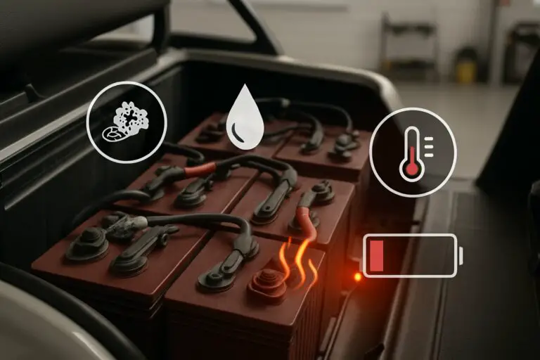 Close-up of a golf cart battery compartment with corrosion, water droplets, heat symbol, and low charge indicator surrounding it.