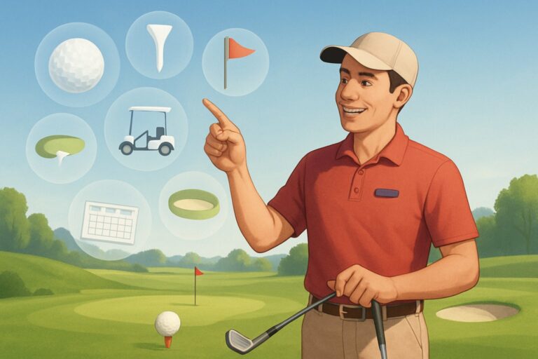 A golf instructor on a green course pointing at floating icons of golf equipment and course features, including a ball, tee, flagstick, golf cart, sand bunker, and putting green.