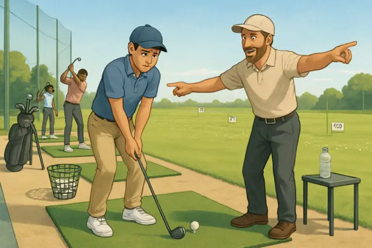 A person at a driving range getting golf instruction while others practice hitting golf balls on grassy bays.