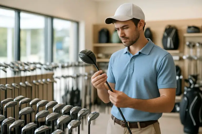 A young man in a golf shop examining a golf club among various clubs on display.