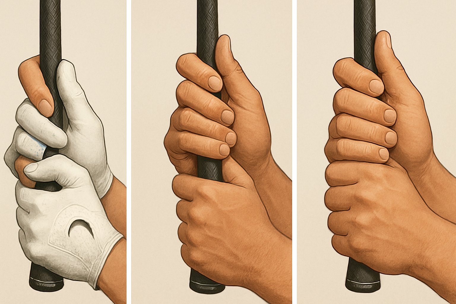 Close-up view of three different ways to hold a golf club: interlock grip, overlap grip, and baseball grip, shown side by side on separate panels.