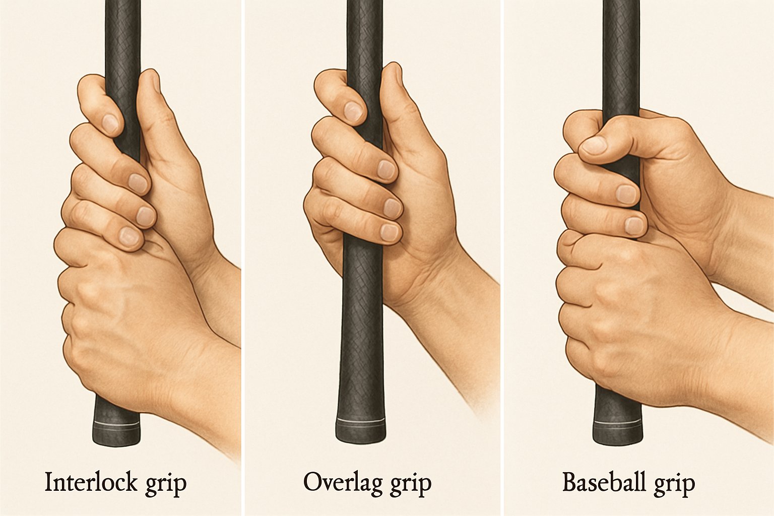Three hands holding golf clubs demonstrating interlock, overlap, and baseball grips.
