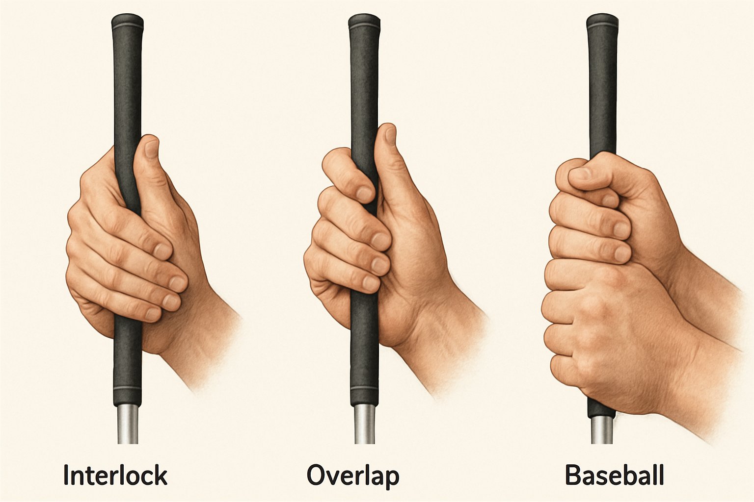 Three hands holding a golf club, each demonstrating a different golf grip: interlock, overlap, and baseball.