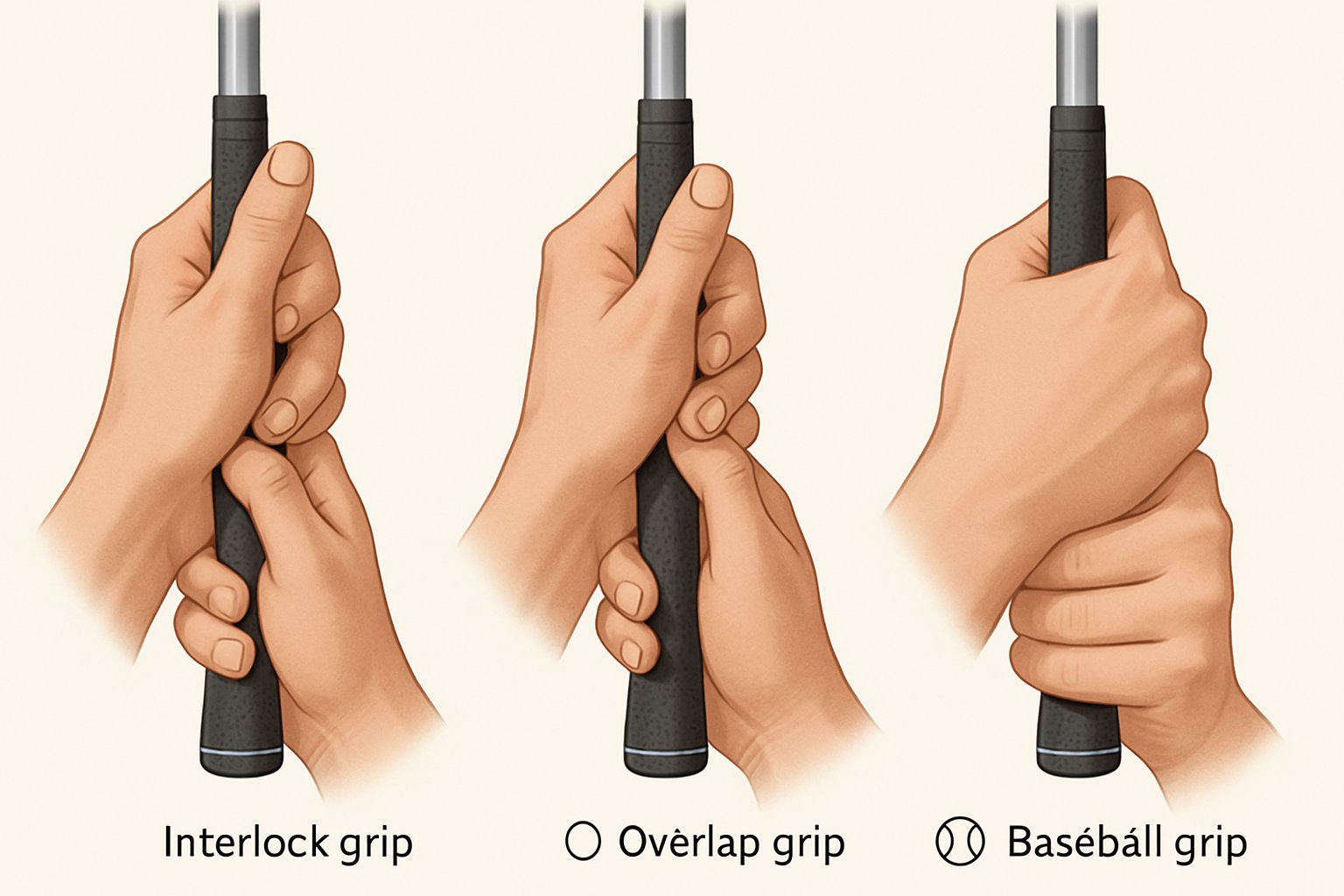 Close-up views of three different ways to hold a golf club, showing hand positions for interlock, overlap, and baseball grips.