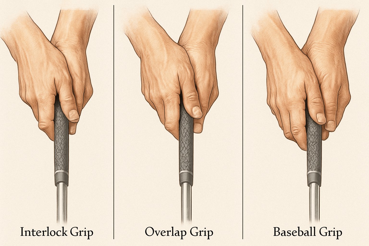Close-up views of hands demonstrating three different golf club grips: interlock, overlap, and baseball.