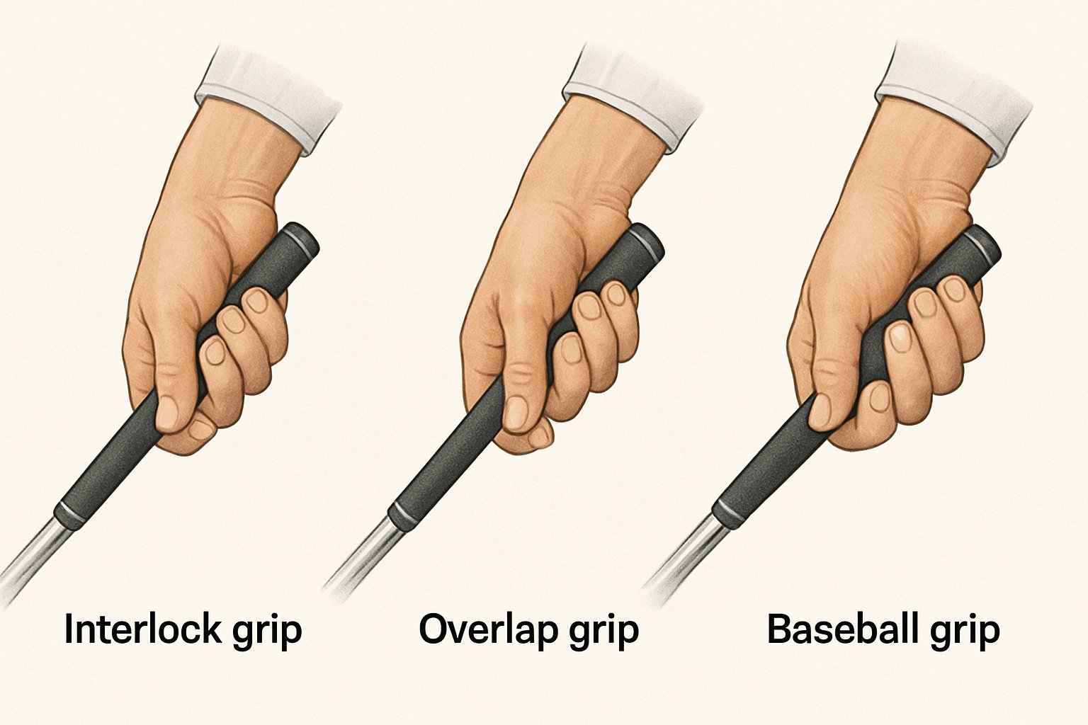Three hands holding golf clubs demonstrating the interlock, overlap, and baseball grips.