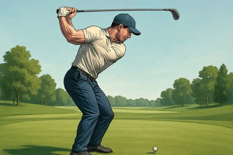 A golfer in mid-backswing on a golf course, showing strong posture and the club raised behind the shoulder.