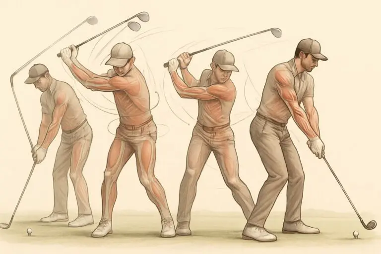A male golfer shown in multiple transparent poses illustrating the stages of a golf swing on a golf course.