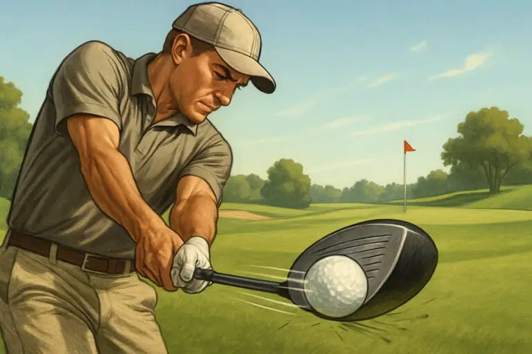 A golfer striking a golf ball on a green fairway at the exact moment of impact during a swing.