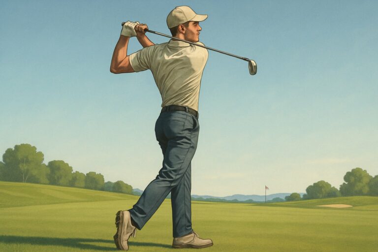 A golfer finishing a swing in balance on a green golf course with a clear sky.