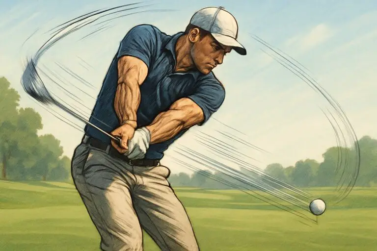 A golfer in mid-swing on a golf course, focusing intently as the club moves quickly toward the ball.