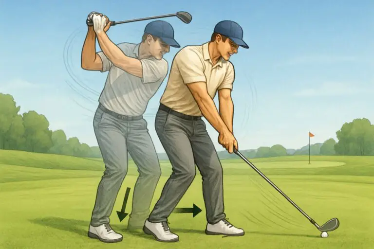 A golfer on a green course shown in two overlapping positions illustrating weight shifting from the back foot to the front foot during a golf swing.