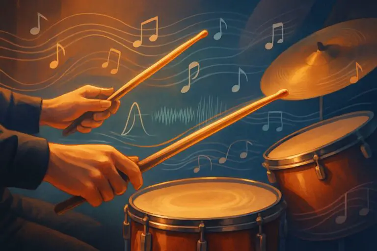 Close-up of a musician's hands playing drums with visual elements representing rhythm and tempo around them.