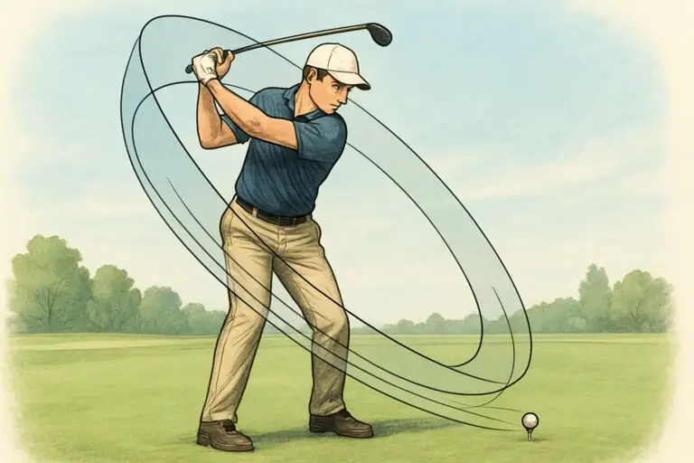 A golfer swinging a club with a transparent curved plane showing the path of the swing from backswing to follow-through on a golf course.
