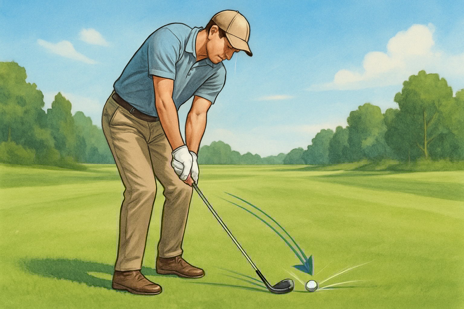 A golfer in mid-swing hitting a golf ball cleanly on a sunny golf course with a clear sky and green fairway.