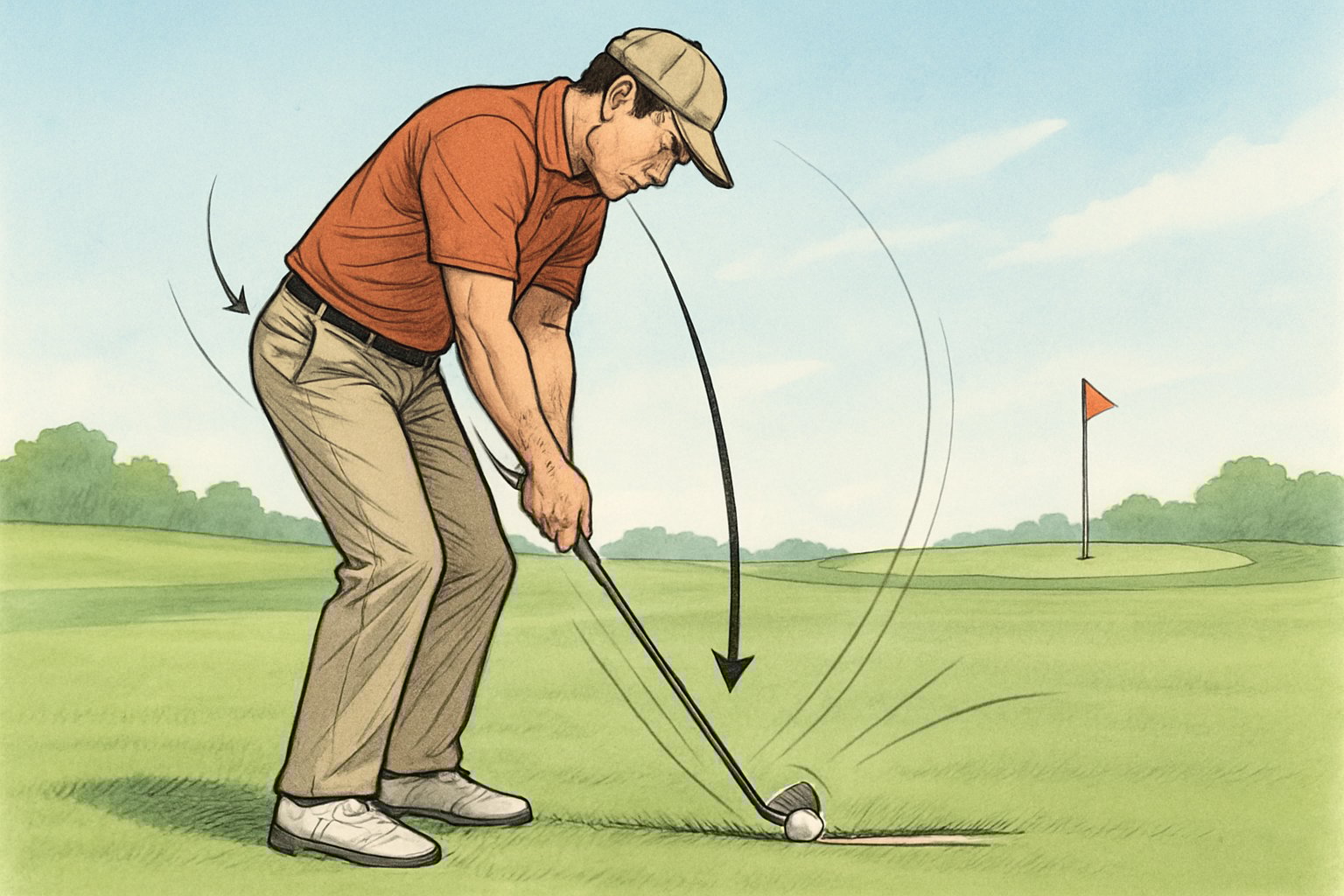 A golfer swinging on a golf course hitting the ball too low on the clubface, causing the ball to skim above the grass.