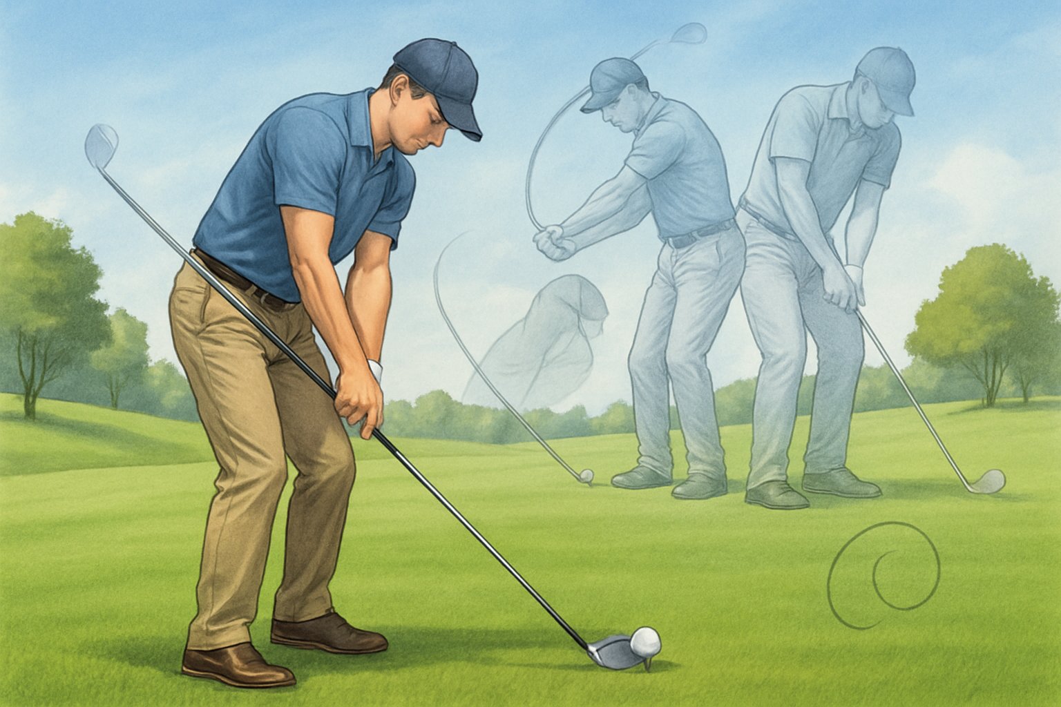 A golfer on a golf course practicing a proper swing to avoid hitting the top of the golf ball.