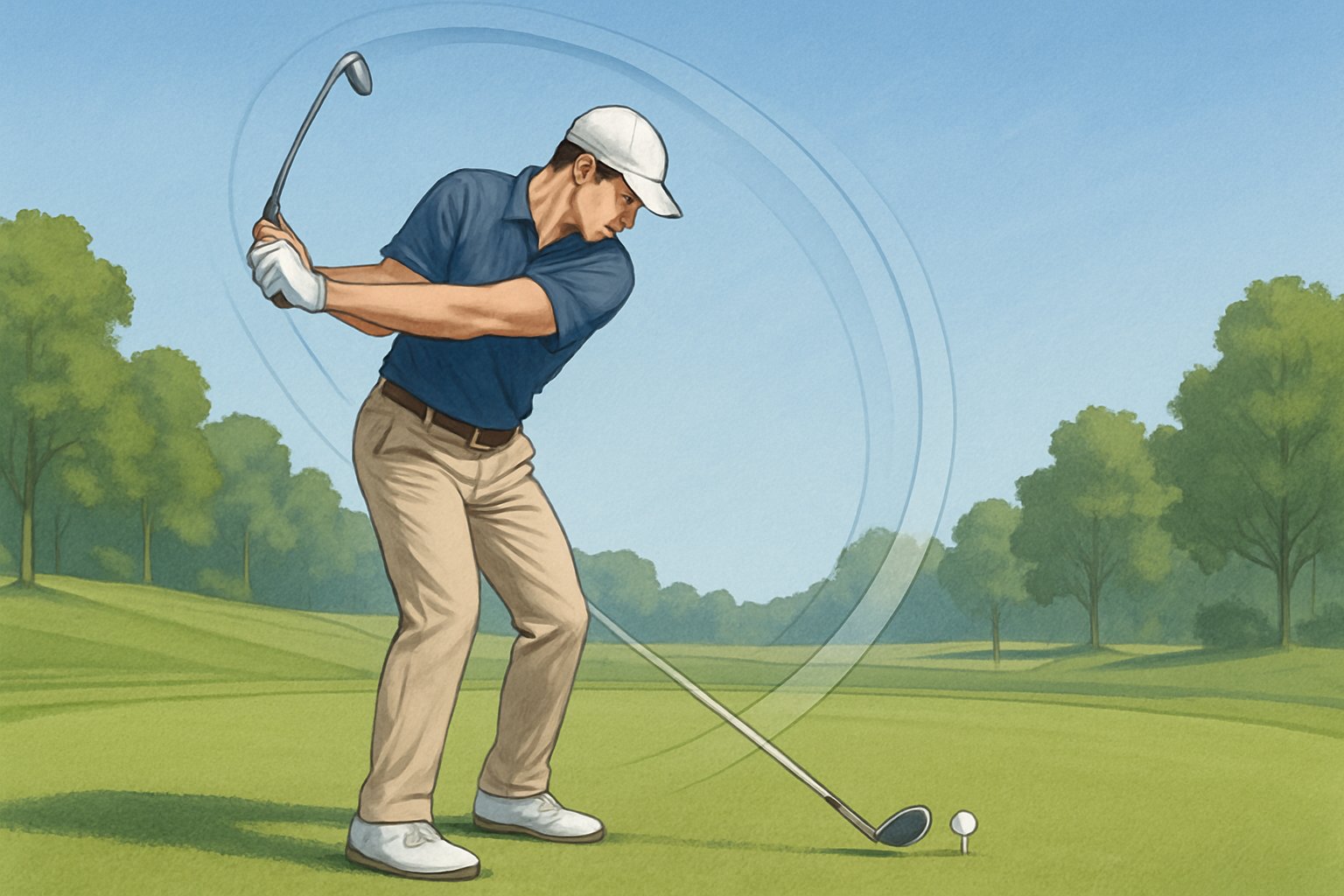 A golfer mid-swing on a green golf course, demonstrating proper posture and swing technique with a clear sky and trees in the background.