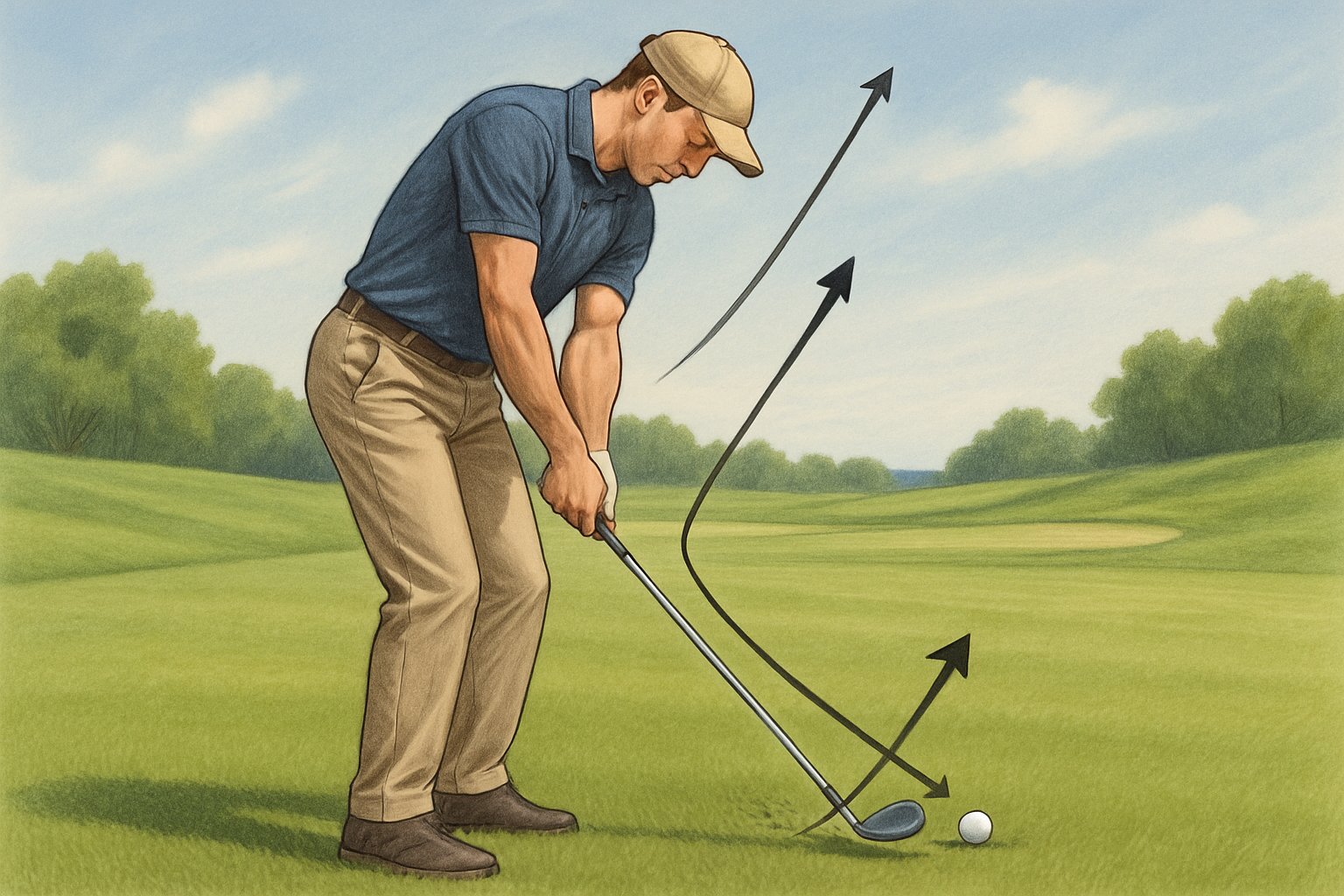 A golfer swinging a club on a green golf course, making clean contact with the golf ball just above the grass.
