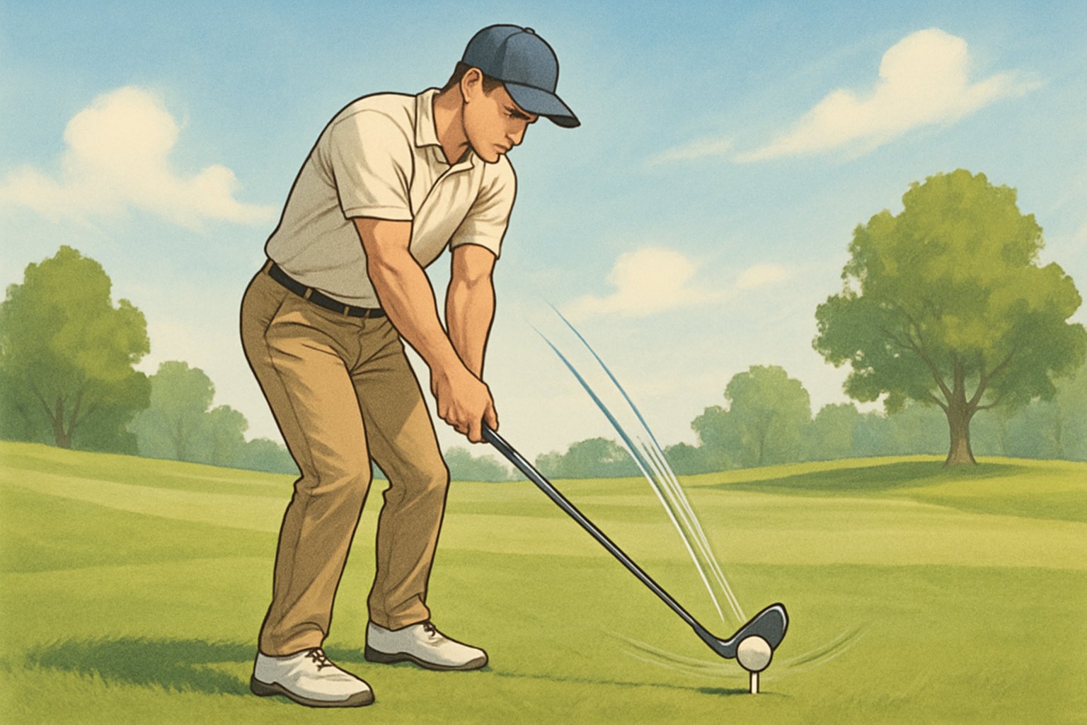 A golfer swinging a club with proper form to hit a golf ball cleanly on a sunny golf course.