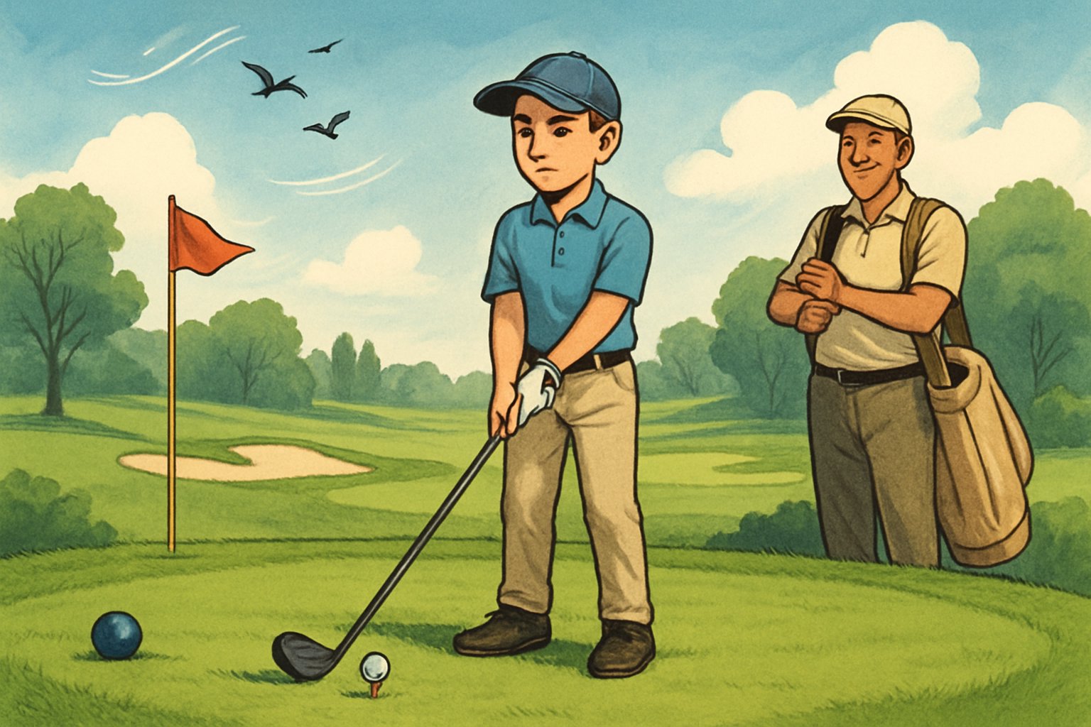A young golfer standing calmly at the first tee on a sunny golf course, preparing to swing with a supportive coach nearby.
