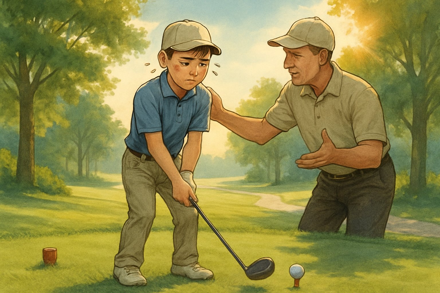 A young golfer at the first tee looking nervous but focused, with a coach nearby offering support on a sunny golf course.