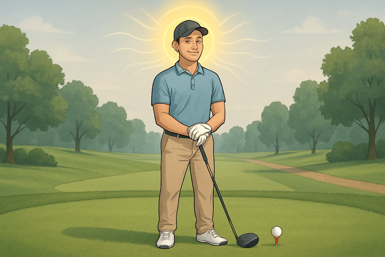 A golfer standing calmly at the first tee on a golf course, looking focused and ready to take a shot.