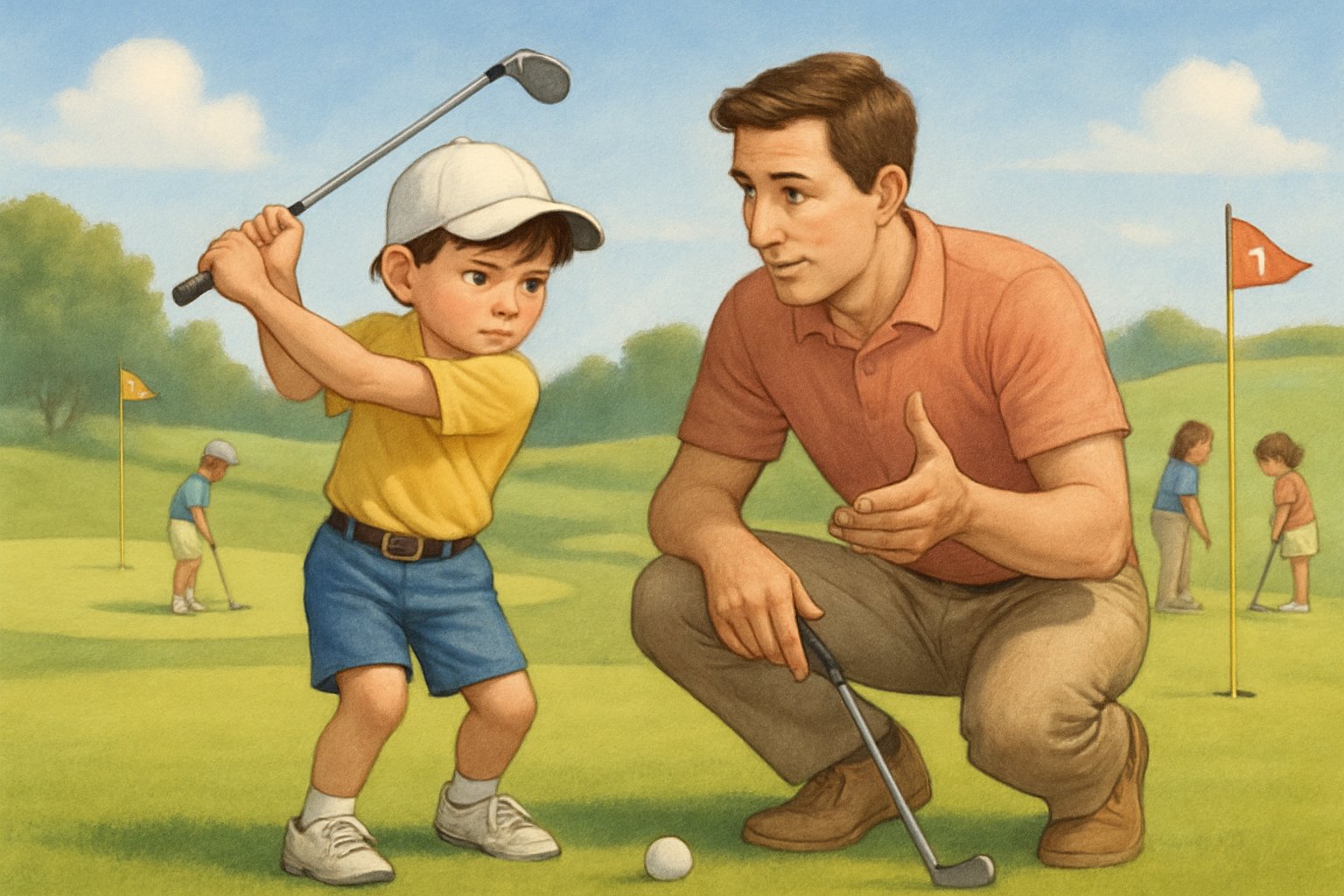 A child golfer practicing a swing on a golf course with a coach guiding them, other children practicing putting nearby.