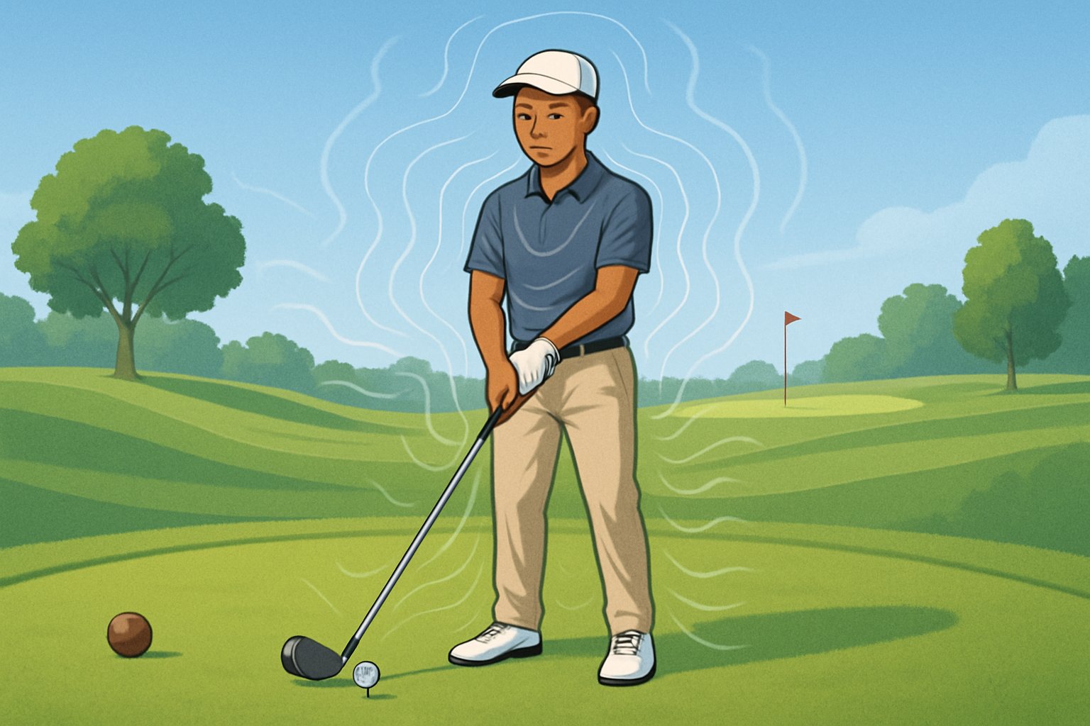 A young golfer standing calmly on the first tee of a golf course, preparing to swing with a clear sky and green fairways in the background.